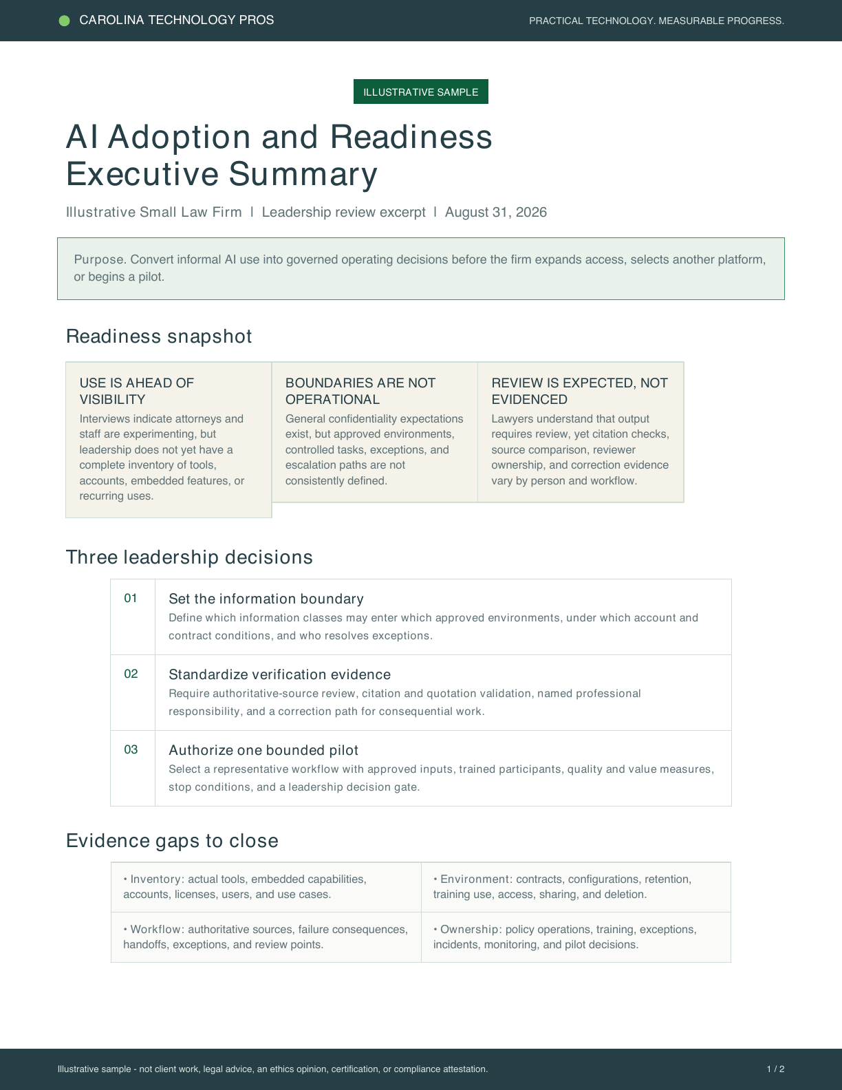 First page of the fictional law-firm AI readiness executive summary, showing a readiness snapshot and three leadership decisions.